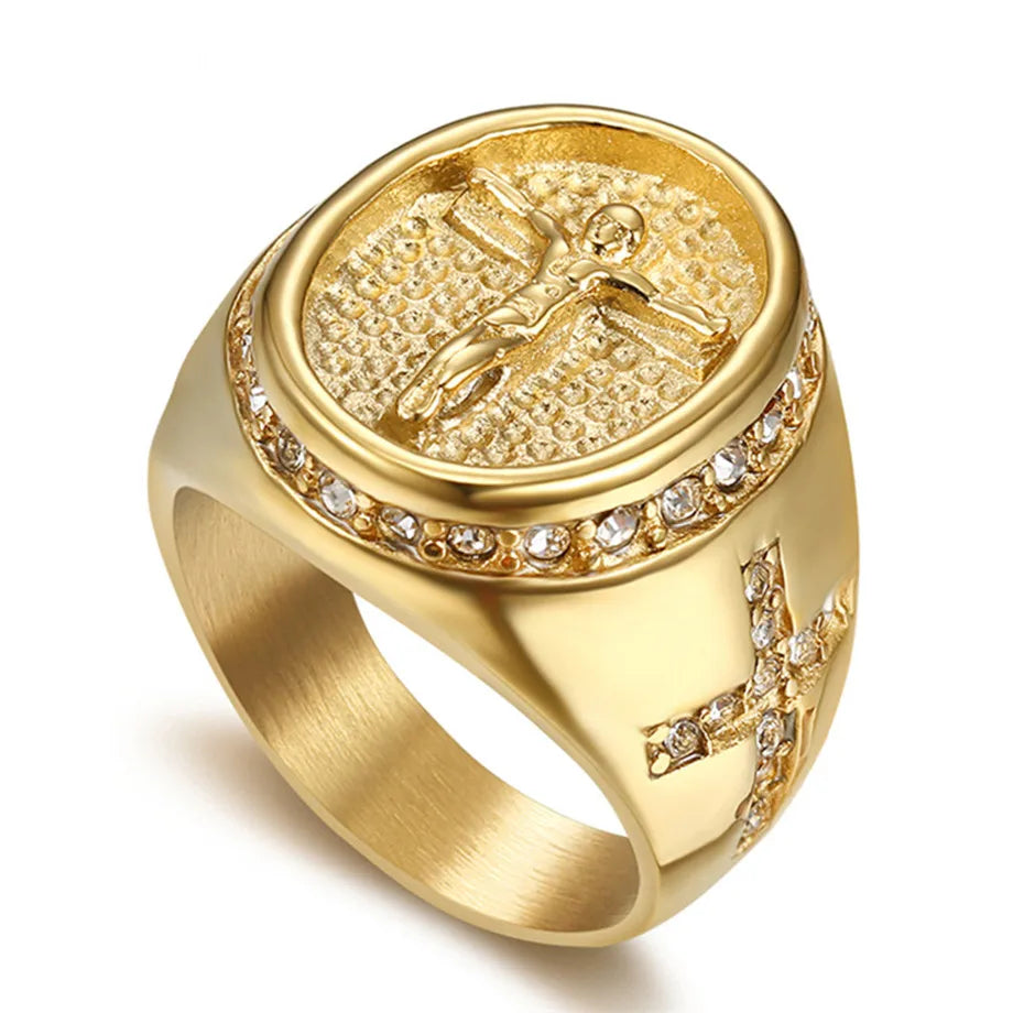 Hip Hop Jewelry Iced Out Jesus Cross Ring Gold Color Stainless Steel Rings for Men Religious Jewelry Dropshipping Bague Homme S