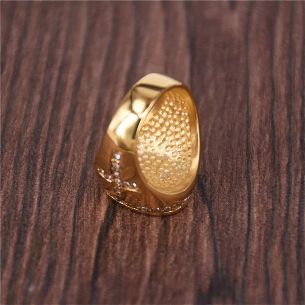 Hip Hop Jewelry Iced Out Jesus Cross Ring Gold Color Stainless Steel Rings for Men Religious Jewelry Dropshipping Bague Homme S