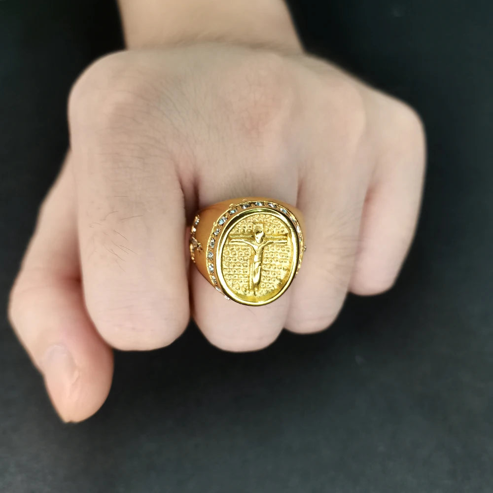 Hip Hop Jewelry Iced Out Jesus Cross Ring Gold Color Stainless Steel Rings for Men Religious Jewelry Dropshipping Bague Homme S