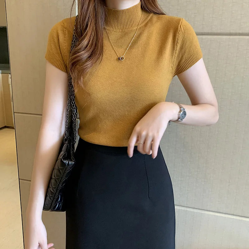 Womens Tops and Blouses Summer Short Sleeve Blouse Women Blusas Mujer De Moda 2024 Turtleneck Knitted Blouse Shirt Tops C931