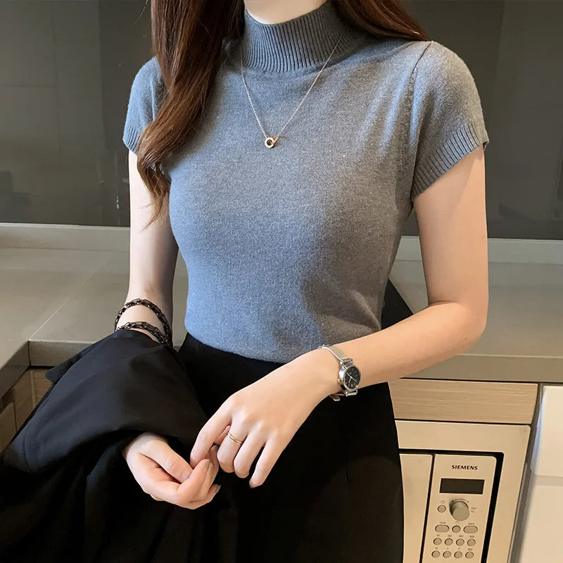 Womens Tops and Blouses Summer Short Sleeve Blouse Women Blusas Mujer De Moda 2024 Turtleneck Knitted Blouse Shirt Tops C931