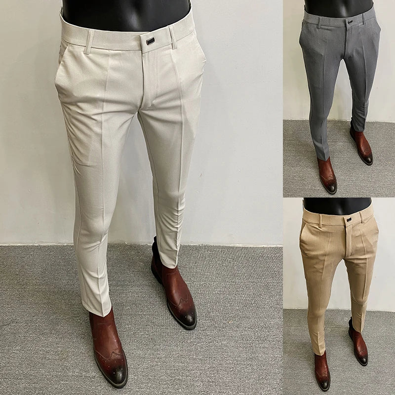 Men'S Suit Pants Business Elegant Elastic Slim Fit Formal Pants High Quality Fashion Solid Color Casual Pants Men'S Clothing