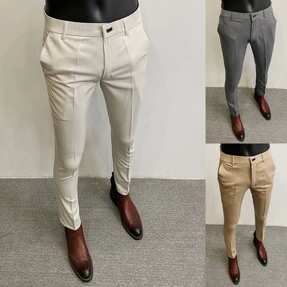 Men'S Suit Pants Business Elegant Elastic Slim Fit Formal Pants High Quality Fashion Solid Color Casual Pants Men'S Clothing