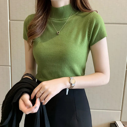 Womens Tops and Blouses Summer Short Sleeve Blouse Women Blusas Mujer De Moda 2024 Turtleneck Knitted Blouse Shirt Tops C931