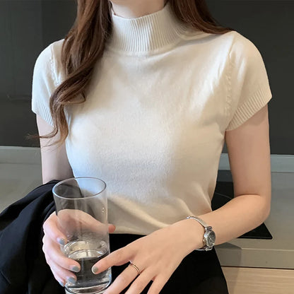 Womens Tops and Blouses Summer Short Sleeve Blouse Women Blusas Mujer De Moda 2024 Turtleneck Knitted Blouse Shirt Tops C931