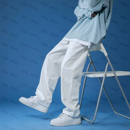 Straight Jeans Men White Loose Unisex Denim Trousers Trend Neutral Jeans Men Baggy Casual Solid Man Women Pants Hip Hop Jeans