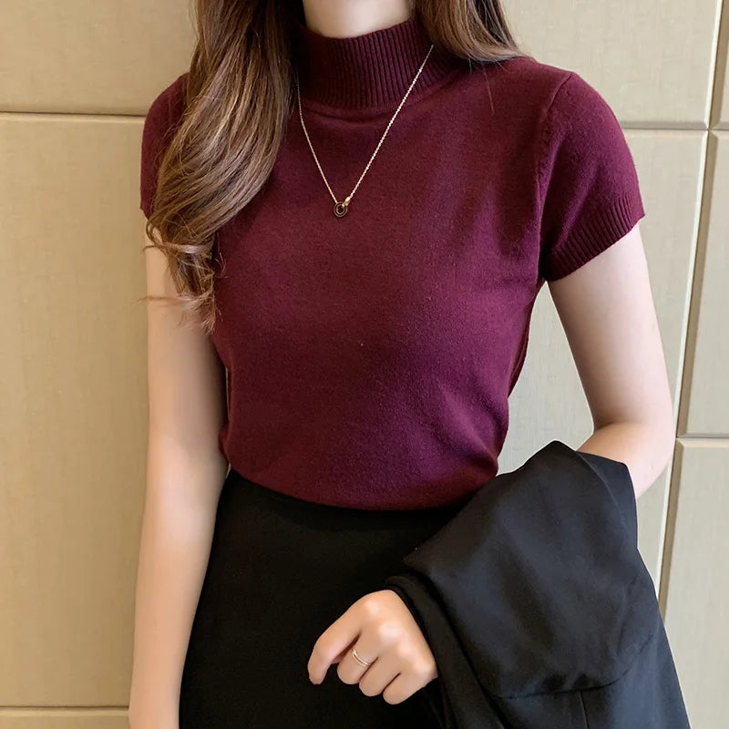 Womens Tops and Blouses Summer Short Sleeve Blouse Women Blusas Mujer De Moda 2024 Turtleneck Knitted Blouse Shirt Tops C931
