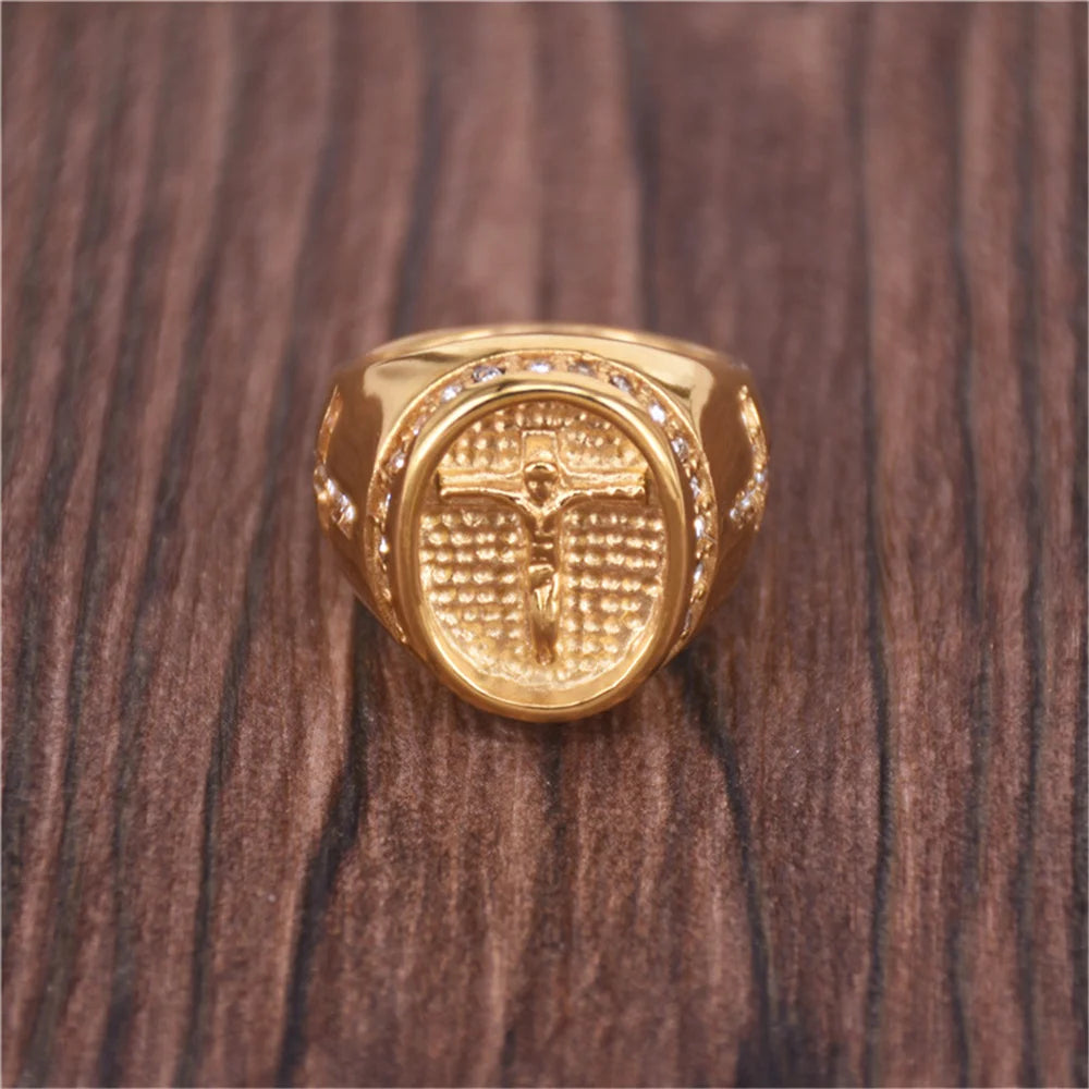 Hip Hop Jewelry Iced Out Jesus Cross Ring Gold Color Stainless Steel Rings for Men Religious Jewelry Dropshipping Bague Homme S