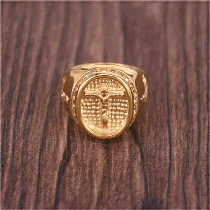 Hip Hop Jewelry Iced Out Jesus Cross Ring Gold Color Stainless Steel Rings for Men Religious Jewelry Dropshipping Bague Homme S