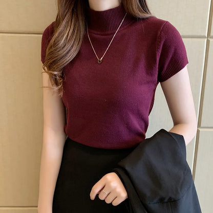 Womens Tops and Blouses Summer Short Sleeve Blouse Women Blusas Mujer De Moda 2024 Turtleneck Knitted Blouse Shirt Tops C931