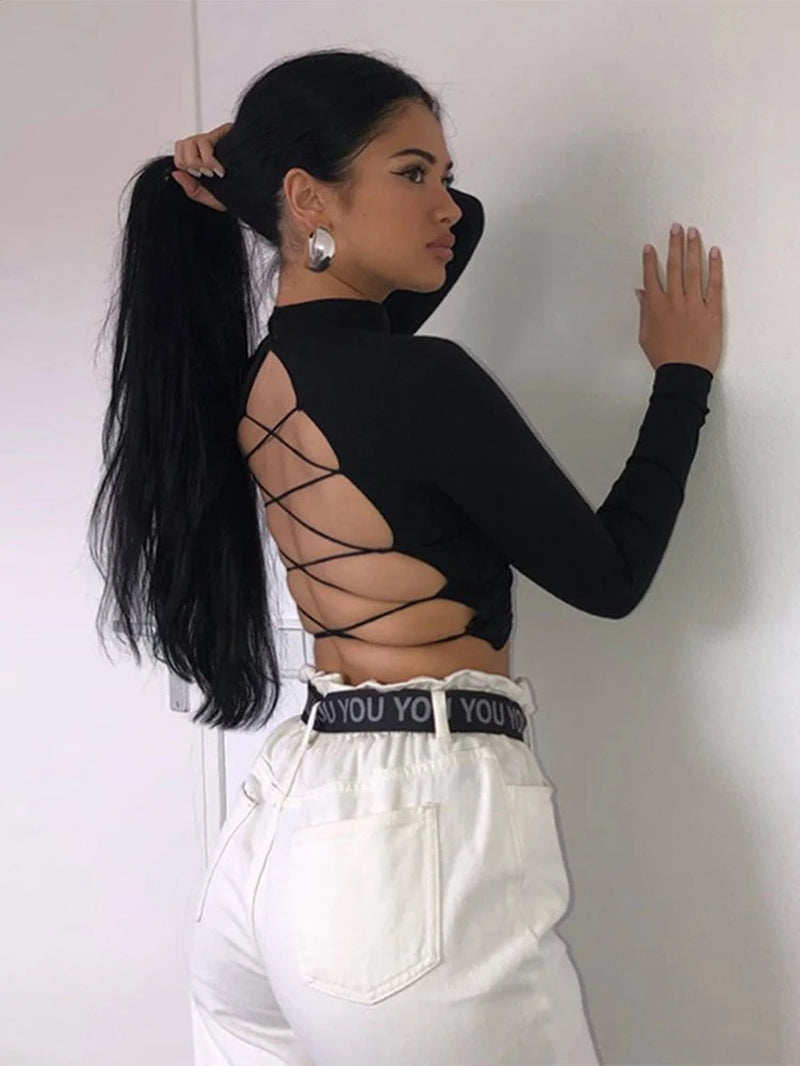 Womon Cotton Hollow Out Sexy Tshirt Bandage Backless Long Sleeve Tops Harajuku Slim Bodycon Streetwear Knitted Tees
